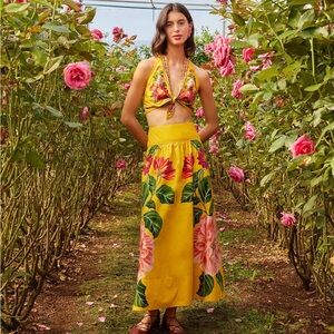 Farm Rio Yellow Spring Awakening Organic Cotton Midi Skirt and Crop Top